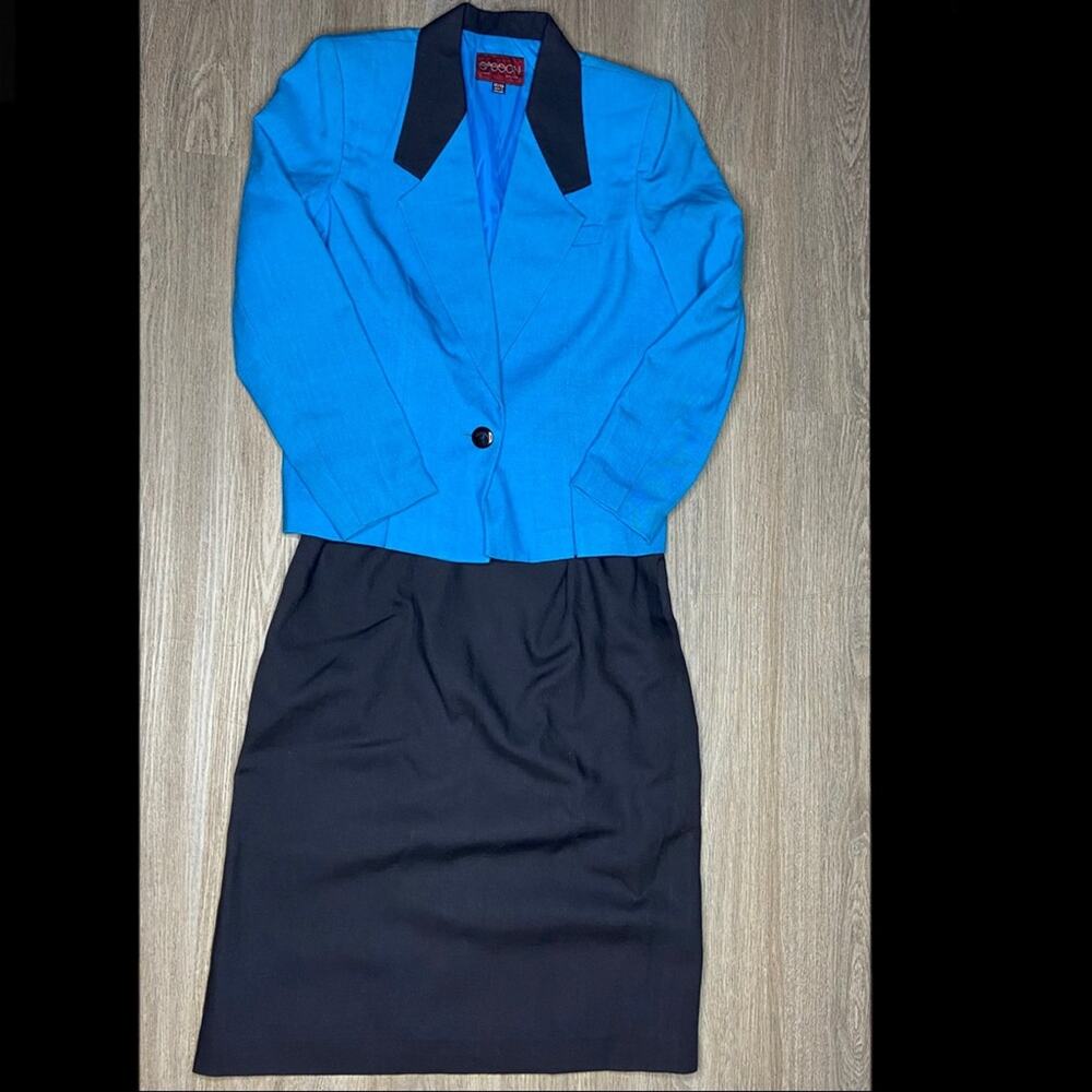 Vintage Sasson Blue & Black Skirt Suit (Size 12)